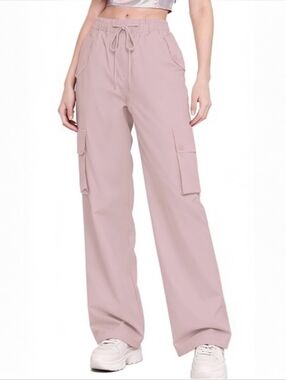 BETUSLINE Pink Women's Cargo Track Pants with Adjustable Ankle Cuff Size Large